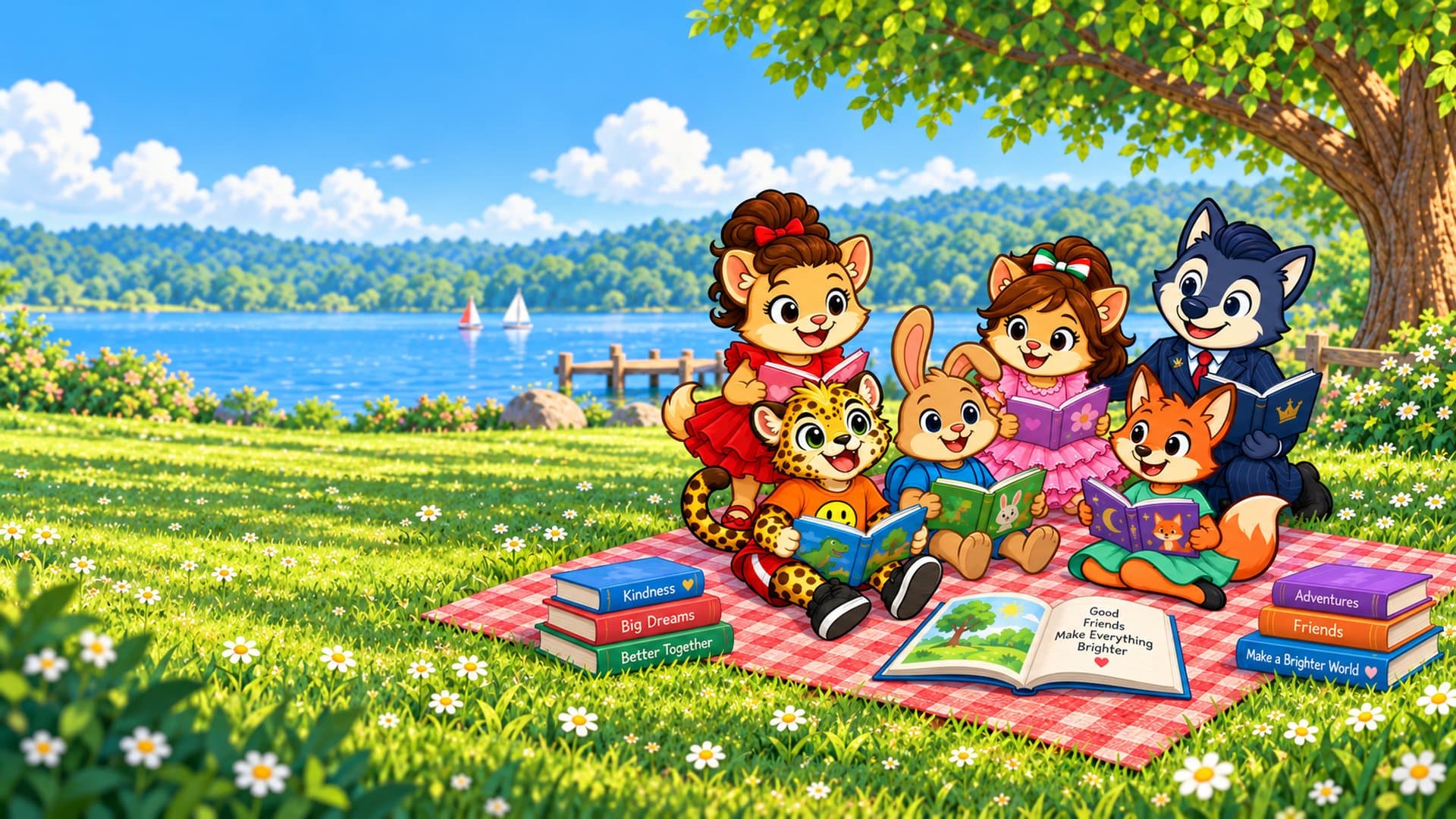 Children reading together at a picnic in the park